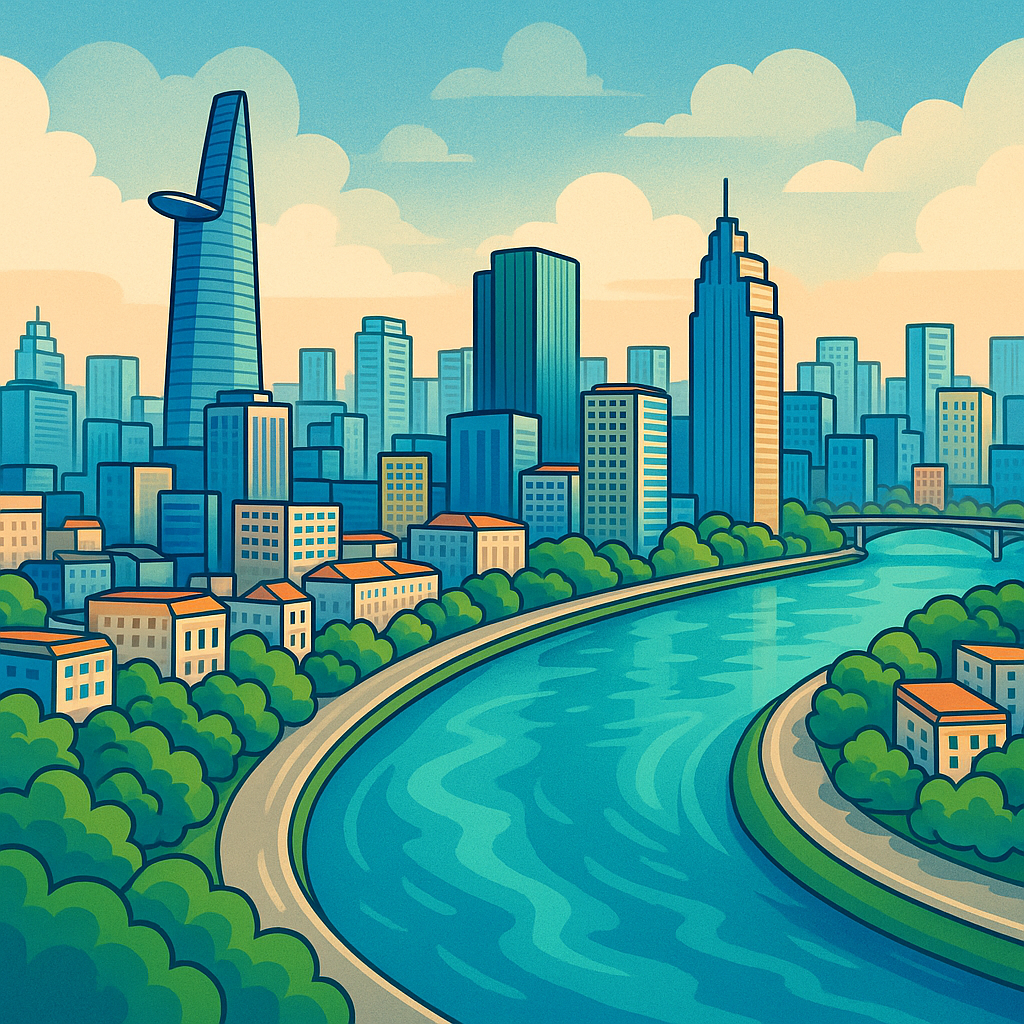 Hình đồ họa kĩ thuật số đạon sông sài gòn chảy qua trung tâm thành phố